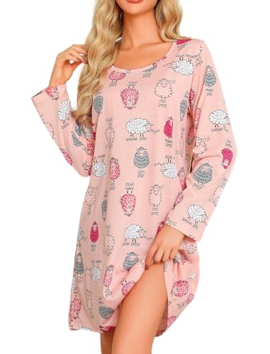 Photo de MIA LUCCE Chemises de nuit pour femme, nuisette pour femme avec imprimé, pyjama à col rond pour femme pour dormir et se détendre, Rosa Schafe, L