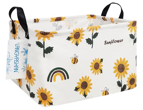Image of Rectangular Storage Bin Collapse Canvas Fabric Cartoon Storage Basket with Handles for Organizing Home Kitchen Boys and Girls Toys Office Closet Shelf Baskets(Rec Sunflower)