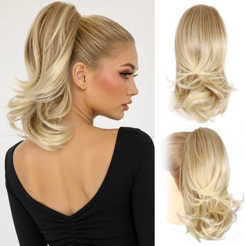 Clip on Ponytails for Women - 14 Inch Curly Ponytail Extension Wavy Pony Tails Hair Extensions Synthetic Hair Extensions Ponytail Clip in Ponytail (Color: Medium Blonde With Bleach Blonde Ends)
