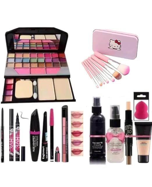 ZUKRAVE Multicolor 6155 Makeup Kit Set with 7 Pink Makeup Brush, 1 Lipstick, Fixer, Primer, Contour, Foundation, 3in1 Eye Combo, 36H, Kajal and 1 Beauty blander-(Pack of 19)