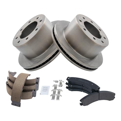 Image of TRQ Rear Brake Pad & Rotor Kit Parking Brake Shoe Set Semi-Metallic Compatible with 2013-2017 Chevrolet Silverado 3500 HD GMC Sierra 3500 HD