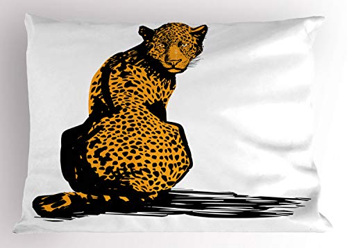 Ambesonne Wildlife Pillow Sham, Sketch Leopard Dangerous Carnivore Wildcat with Shadow, Decorative Standard Size Printed Pillowcase, 26