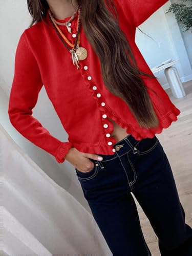 Image of Saodimallsu Womens Ruffle Cardigan Sweaters Button Up Crew Neck Long Sleeve Cropped Sweater Cute Soft Knit Tops