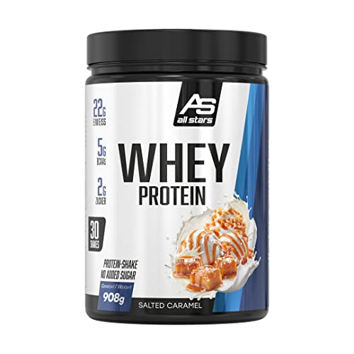 All Stars 100% WHEY PROTEIN 908g I Eiweiß-Pulver mit Whey-Konzentrat & Isolat I leckeres Low-Fat Powder I hochwertiges Protein-Pulver I cremiger Protein-Shake mit Salted Caramel-Flavour