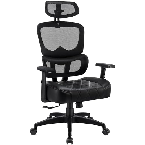 VECELO Chaise de Bureau Ergonomique, Fauteuil à Dossier Moyen, Hauteur Réglable, avec Accoudoirs, Soutien Lombaire en Maille, Roulette Pivotant à 360°,Noir, Métal, Lot de 1