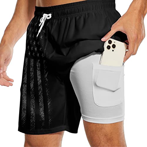Black Mens Swim Trunks with Compression Liner American Flag Men Swimming Trunks Board Shorts Swimwear 7 Inch Inseam4