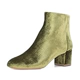 FSJ Women Round Toe Velvet Ankle Boots Block Heel Side Zipper Office Shoes for Comfort Size 8 Green