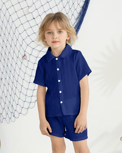 Image of Toddler Boy Clothes Little Kids Summer Outfits Short Sleeve Button Down Shirt Top Shorts Set 2 PCS Boy's Clothing