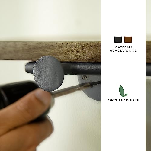 Image of Ellementry Aaron Wooden Wall Shelf with 5 Hooks | Home Decor Items | Wall Mounted Book Shelf| Shelves for Living Room /Kitchen /Bedroom Decoration | Floating Wall Shelves | Hanging Wall Mount Display
