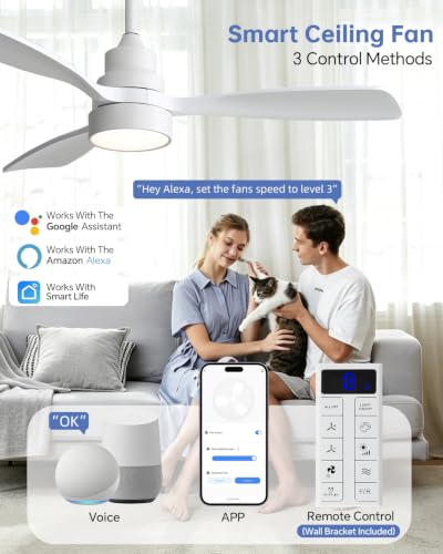 Image of Sofucor 48 Inch Smart Wood Ceiling Fans with Lights, Flush /Downrod Mount