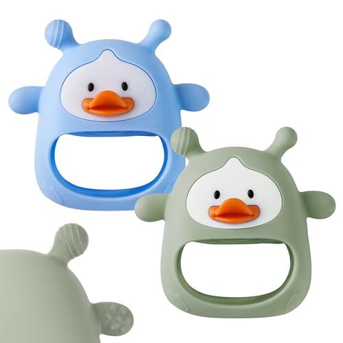 2 Packs Baby Teething Toys for 0-6 6-12 Months, Food Grade Silicone Teething Mitten, Anti Dropping Wrist Hand Teethers, Never Drop Baby Chew Toys for Sucking Needs, BPA Free (Blue & Green)