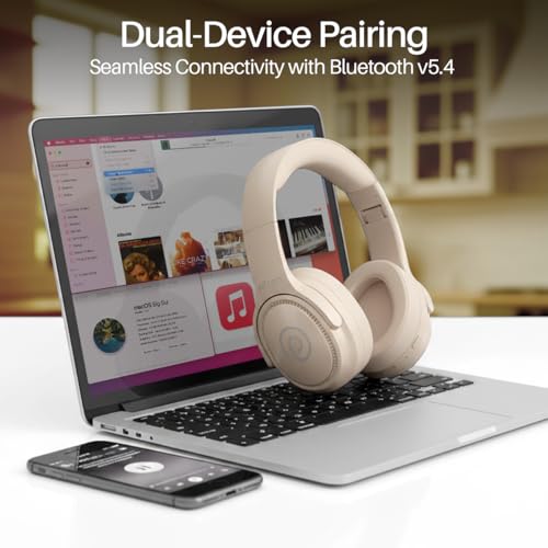 Image of pTron Studio Pro w / 65Hrs Playtime, Wireless Over Ear Headphones with HD Mic, Dual Device Pairing, TruTalk AI-ENC Calls, Low-Latency Game & Music, 40mm Drivers, BT5.4, Type-C Fast Charging (Cream)