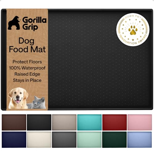 Image of GORILLA GRIP 100% Waterproof Raised Edge BPA Free Silicone Pet Feeding Mat, Dog Cat Food Mats Contain Spills Protects Floors, Placemats for Cats and Dogs Water Bowl, Pets Accessories 23x15 Black