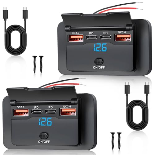2 Pièces Prise USB pour Voiture 12V Double 36W PD&18W QC3.0 Chargeur USB 12 Volts Prise USB à 12V Camping Car Encastrable avec Interrupteur Bouton pour Bus...