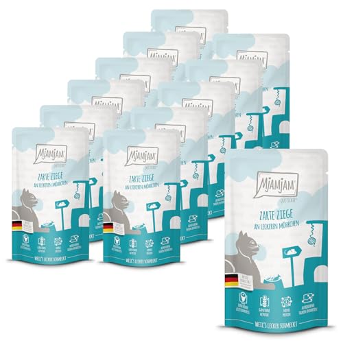 MjAMjAM - Premium Nassfutter für Katzen - Quetschie - zarte Ziege an leckeren Möhrchen, 12er Pack (12 x 125 g), getreidefrei mit extra viel Fleisch 1