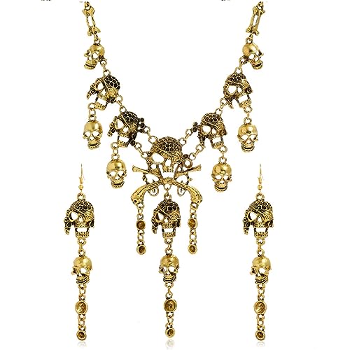 Pingyongchang Vintage Pirate Multilevel Skull Tassel Charm Necklace and Fashion Jewelry Skull Bracelet - Set 1