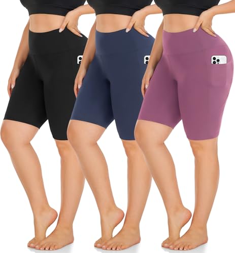 MOREFEEL 3 Pack Plus Size 8" Biker Shorts with Pockets for Women-High Waisted Tummy Control Non-See Through Workout Yoga Shorts