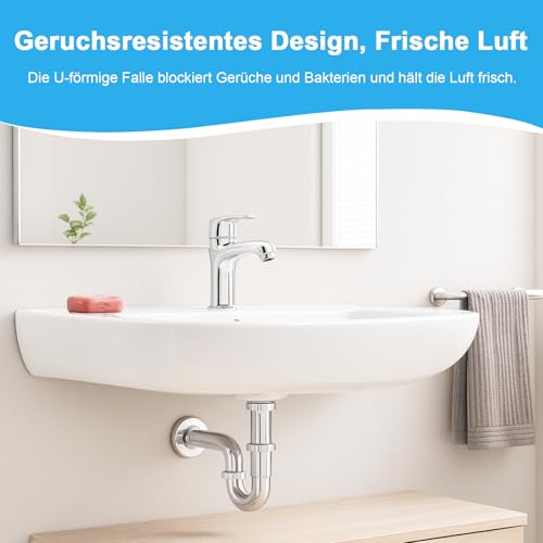Siphon Waschbecken G 1 1/4\ Edelstahl, Universal Röhrensiphon Ablaufgarnitur für Waschbecken & Waschtisch, Abflussrohr mit Geruchsverschluss, inkl. Gummimanschette, Einfache Montage