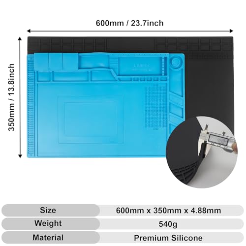 Image of 23.7'' x 13.8'' Extra Large Silicone Soldering Mat with Wrist Strap 932F Heat Resistant Solder Mat Premium Silicone Repair Mat Work Mat for Electronic, Cellphone, Laptop Repair (Black)