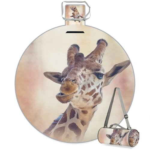 Shimoshe Animal Giraffe Picnic Outdoor Blanket Foldable Waterproof Sandproof Beach Blanket Portable Water-Resistant Round Picnic Mat for Travel Camping Park Lawn