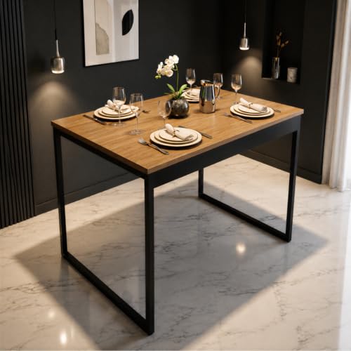 Mesa de Jantar 100% MDF e Aço Estilo Industrial 100x60cm Ideal para Apartamento Sala de Estar ou Cozinha Moderna - Cor Freijó