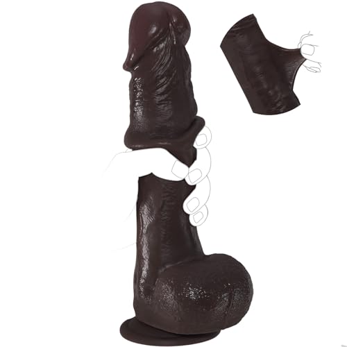 Image of 10'' Big Brown Dildo with Movable Skin, Realistic Foreskin Dildos, Huge Thick BBC, Real Skin Dual Silicone Dildos with Strong Suction Cup, Adult Sex Toys for Men, Women and Gays