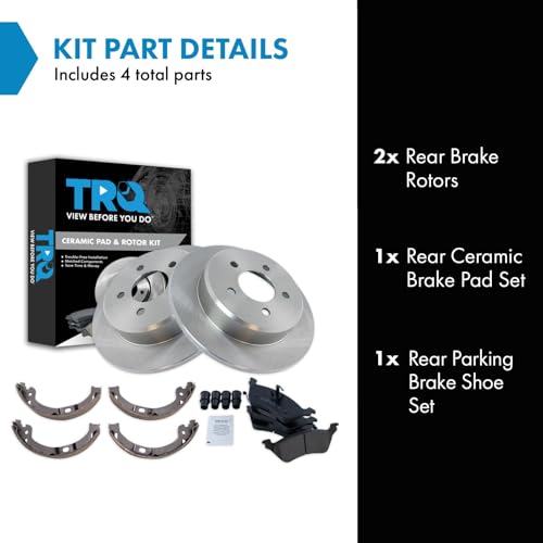 Image of TRQ Rear Brake Pad and Rotor Set Ceramic Parking Brake Shoe Compatible with 2001-2007 Chrysler Town & Country Caravan Grand Caravan