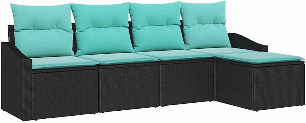 Modern Outdoor Sofa Set with Comfortable Cushions 5 pcs Black and Turquoise Poly Rattan Patio Garden Furniture Lightweight UV-Resistant for Backyard Poolside Lounge