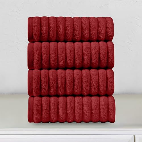 Image of Elegant Comfort Luxury 100% Turkish Cotton Corduroy Ribbed 4 Pack Hand Towel Set 16 x 28 Inch - Absorbent, Super Soft, Quick Dry, Premium Towels for Bathroom, Gym, Spa and Hotel Use, Burgundy