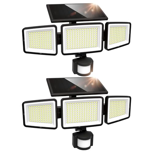 UME Solar Outdoor Lights 302 LED 3000LM, IP65 Waterproof Motion Sensor Outdoor Lights, 3 Heads Solar Security Flood Lights 270 Wide Lighting Angle with 3 Modes for Garden Patio Yard - 2 Pack by UME - Used condition - US$25.44