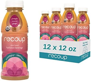 Recoup Organic Hydration Beverage with Electrolytes and Ginger - Pineapple + Coconut + Ginger - Plant-Based Sports Recovery Drink, No Sugar Added, Non-GMO -12 Fl Oz (Pack of 12)