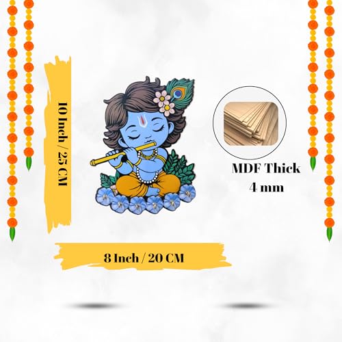 Image of Cute Krishna Wall-Mounted Key Holder, Decorative MDF Wood, 20x25 cm, 7 Hooks, Blue UV Printed Design, Decorative Wooden Key Stand - Home & Office