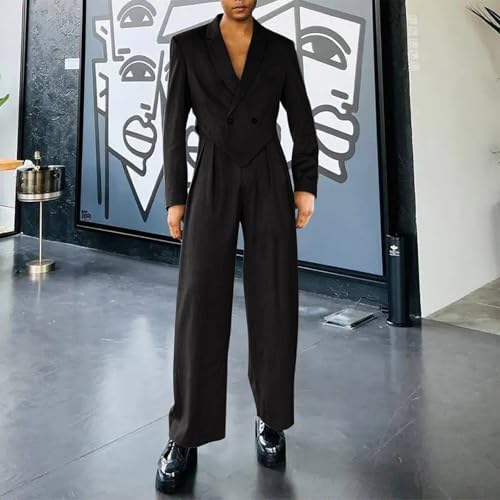 Men Suit Sets Fashion Notched Lapel Long Sleeve Crop Tops High Waist Trousers 2 Piece Outfit for Men 2025 Spring Set2