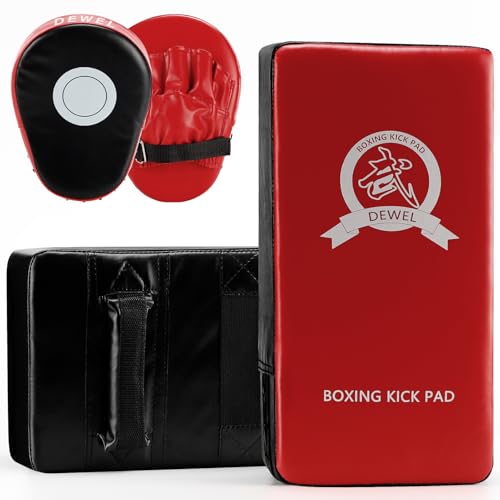DEWEL PU Leder Schlagpolster Set 2 × PU Schlagkissen und 1 Paar PU Handpratzen Pratzen Boxen für Kickboxen Thaiboxen Karate,Rot