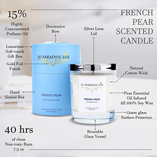 Lu Paradise Lux 7.5Oz Luxury Glass Jar Candles | French Pear Candles For Home Scented | Long Lasting Scented Candles Gift For Mother, Wife, Friend| Perfect For Any Occasion (French Pear) #TOP2