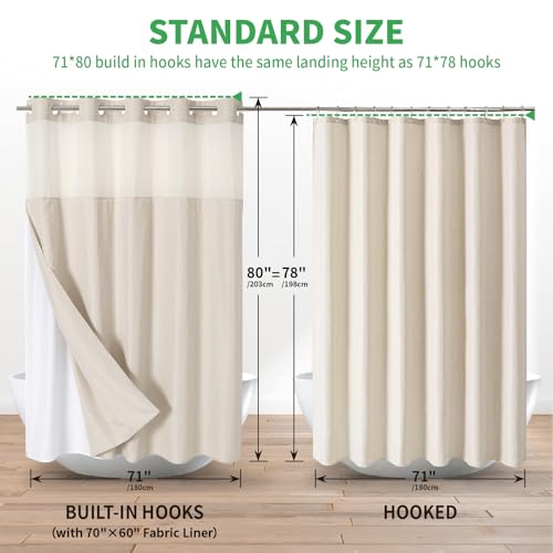 eachope Long No Hooks Needed Linen Textured Shower Curtain with Snap-in Fabric Liner Set,Cream Hotel Luxury Decor Shower Curtains for Bathroom,Waterproof & Washable,71Wx80H