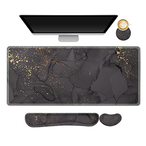 Image of ARTSO Gaming Mouse Pad Wrist Support Set, XXL Large Desk Mat Mousepad + Keyboard Wrist Support+ Mouse Wrist Rest+Coaster 4in1 Ergonomic, Memory Foam, Stitched Edge for Home Office -Black Grey Marble