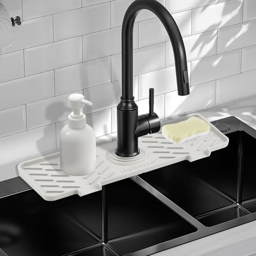Meiliweser Silicone Faucet Mat for Kitchen Sink – Gen 3 10° Slope Splash Guard with Cuttable Hole – 14” x 5.5” Drip Catcher & Sponge Holder for Kitchen, Bathroom (White)