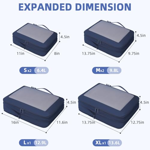 Image of BAGAIL 4 Set /6 Set /8 Set Compression Packing Cubes Travel Accessories Expandable Packing Organizers (Square Mesh, 06-Navy)