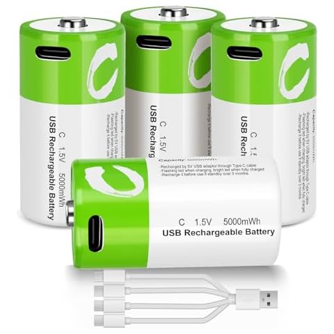 seyyen Lithium Rechargeable C Batteries 4 Pack,5000mWh High Capacity 1.5V Constant Voltage Li-ion C Batteries with 4 in 1 USB-C Charge Cable Cover