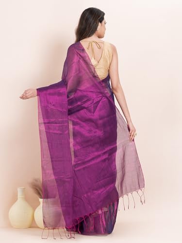 Image of Women's Tissue Cotton Saree | Plain Lightweight Tassel Pallu Saree with Blouse