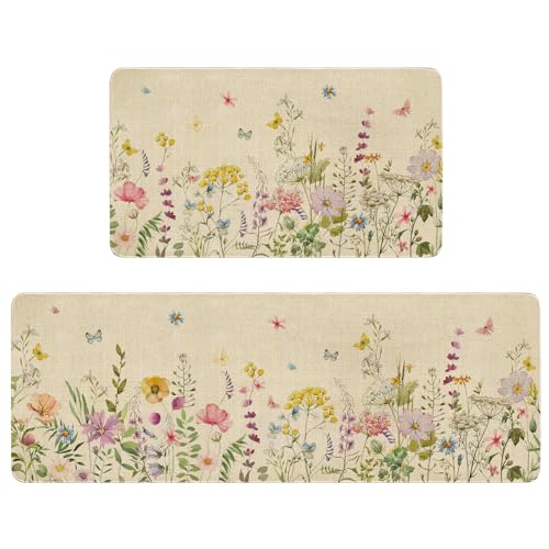 Xsinufn Spring Summer Farmhouse Kitchen Rugs and Mats Set of 2,Watercolor Flower Floral Kitchen Mat,Non Slip Washable Kitchen Floor Sink Mats Decorations for Home Kitchen 18