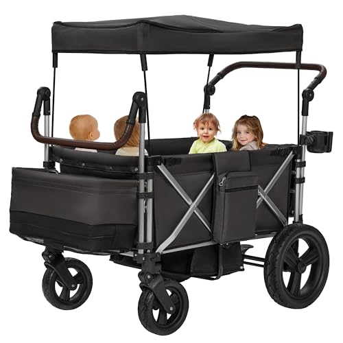 Image of Real Relax Stroller Wagon for 4 Kids, Foldable 4 Seater Wagon Stroller, Kids Wagons with 5-Point Safety Harness, UV-Protection Canopy, All-Terrain PU Wheels, Adjustable Handlebar