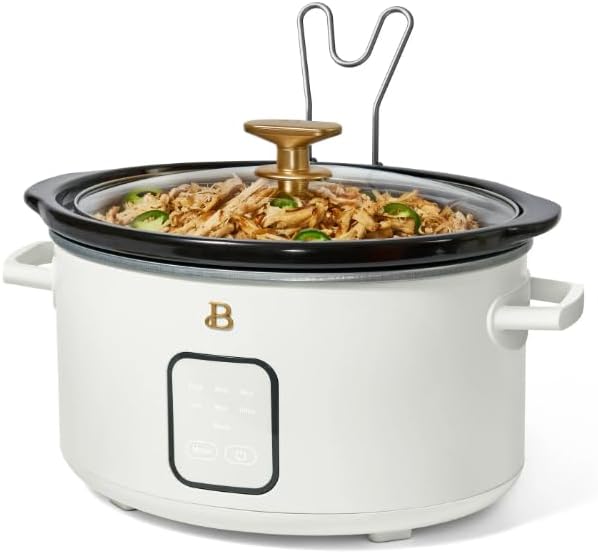 4-Quart Slow Cooker with Touch-Activated Display by Drew Barrymore, Programmable Digital Controls, Removable Ceramic Pot, Keep Warm Setting, Modern Sleek Design (White Icing)