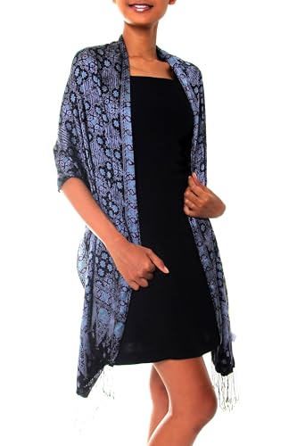 NOVICA Artisan Crafted Handmade Batik Silk Shawl | Kawung Motifs | Multicolor Printed | Floral Cultural | Mesmerizing Shades | Lluxurious Silk Shawl | Winter Wear | Indonesia ' Java Sea' 77