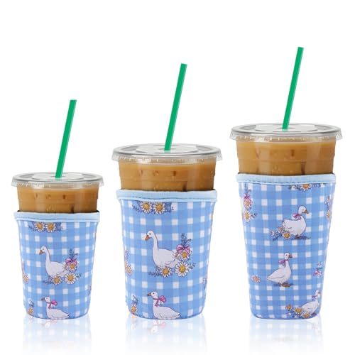 Image of 3 Packs Reusable Iced Coffee Sleeves Blue White Plaid Goose Drink Sleeve
