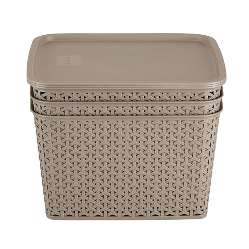 Image of KOLORR Royal Baskets 3 Large Basket with 3 Lid - LT Brown | stackable| easy to clean | strong and durable | BPA free | Multipurpose Plastic Storage Basket, Rectangular