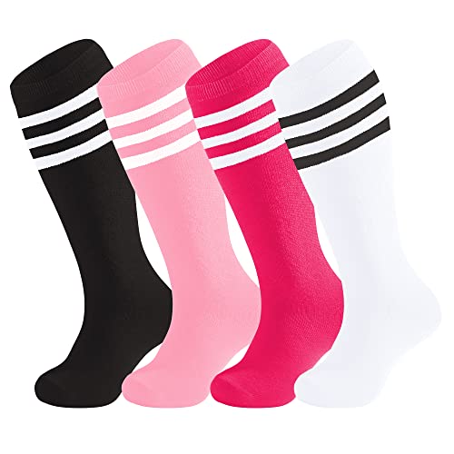 UTTPLL 4 Pairs Toddler Soccer Socks Kids Girls Boys Baseball Sports Socks Uniform Stripes Knee High Long Tube Socks
