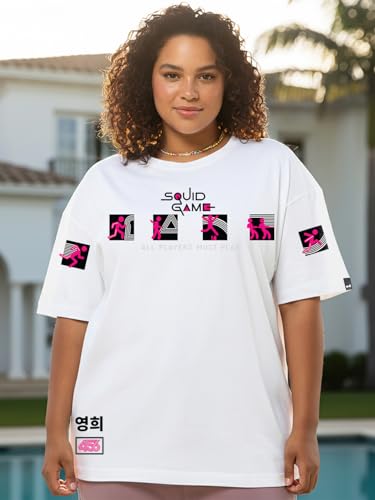 Image of Bewakoof Official Squid Game Merchandise Women's Graphic Print Oversized Fit Half Sleeve Round Neck Pure Cotton Plus Size T-Shirt
