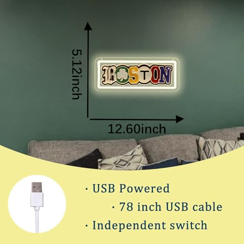 Image of Boston Themed Neon Sign, Boston City of Champions Sport Teams Fans Man Cave Wall Decor with Sports Team Colors, USB Powered LED Neon Light with Dimmer, Gift for Boston Fans for Bedroom, Bar, Game Room